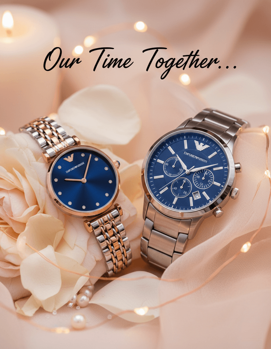 Duo Montres Couple Emporio Armani Bleu Coffret Saint Valentin montre Couple Emporio Armani AR2448 et AR11092 sur fond romantique.