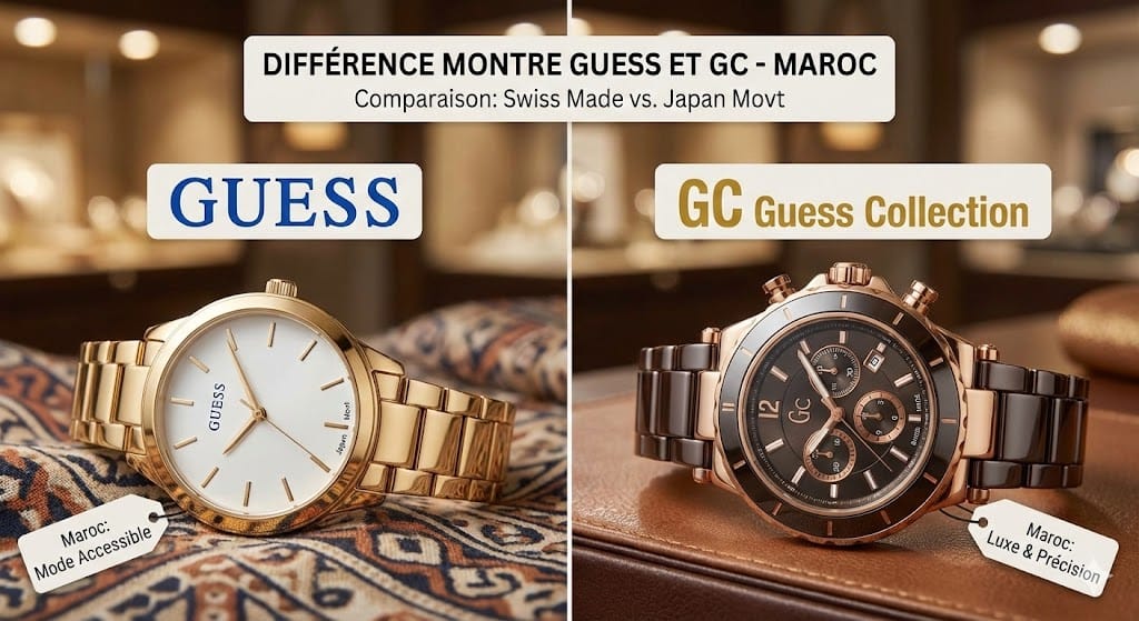 Différence montre Guess et GC Maroc - Comparaison Swiss Made verre saphir vs Japan Movt cristal minéral prix authentique