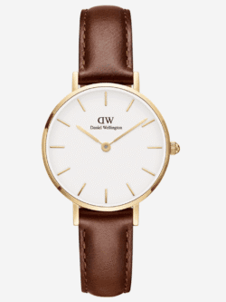 Montre Daniel Wellington femme cuir marron 28mm cadran blanc or rose minimaliste Maroc