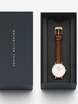 Montre Daniel Wellington femme cuir marron 28mm or rose coffret officiel Maroc