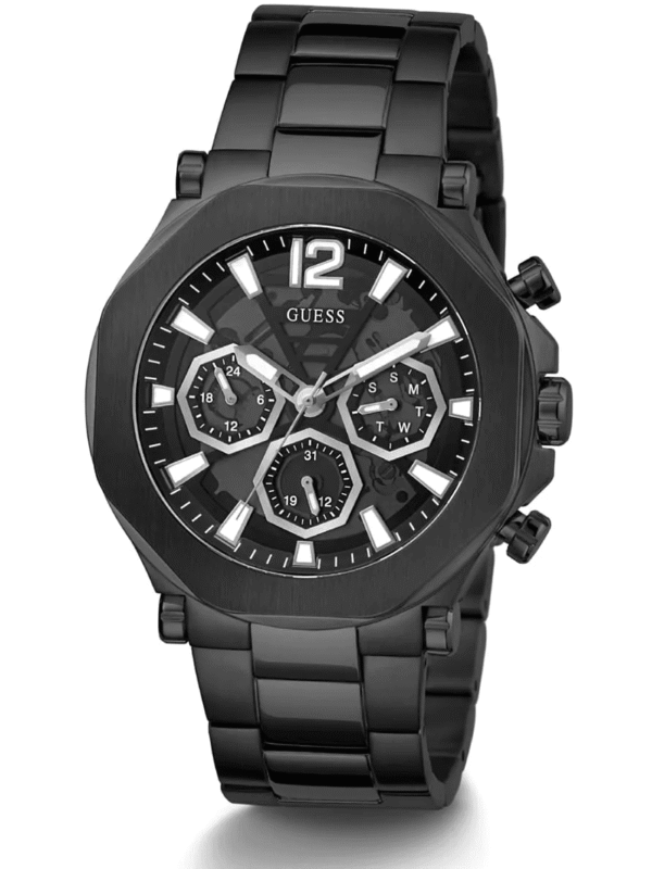 Montre Guess GW0539G3 Maroc détail sous-cadrans chronographe noir octogonal