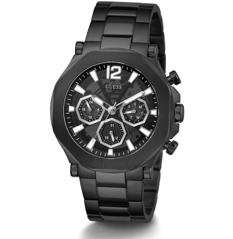Montre Guess GW0539G3 Maroc détail sous-cadrans chronographe noir octogonal