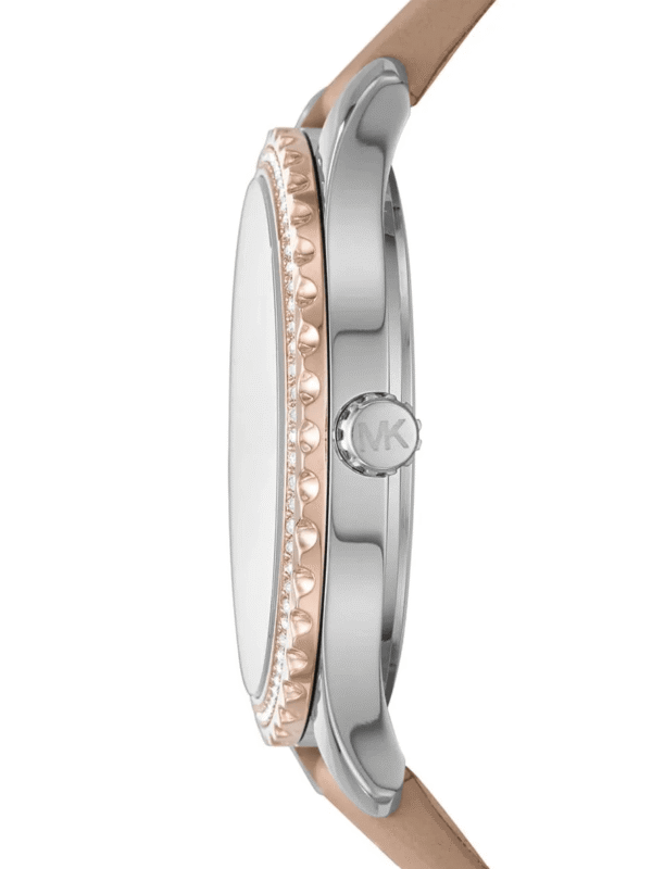 Montre Michael Kors MK2910 Maroc profil boîtier bicolore argenté or rose couronne détail