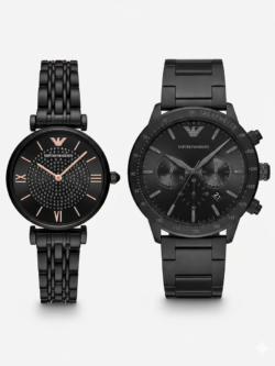 Cadeau Saint Valentin couple Maroc pack montres Armani noir luxe