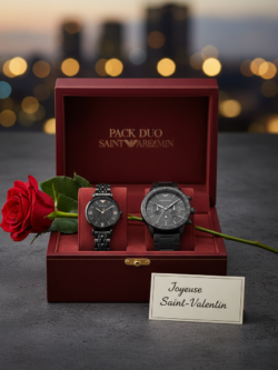 Cadeau Saint Valentin couple Maroc pack montres Armani noir luxe