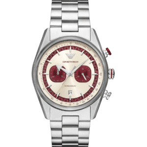 Montre Emporio Armani Homme au Maroc : Prix, Collections et Guide 2026 Montre Homme Emporio Armani AR11645 cadran crème et bordeaux style vintage pour homme au Maroc.