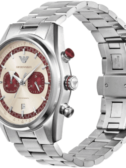 Vue de profil de la Montre Homme Emporio Armani AR11645 montrant le bouton poussoir rouge au Maroc.
