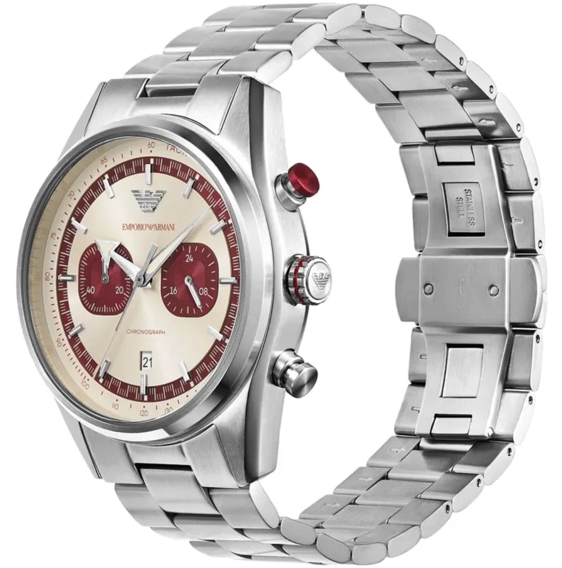 Vue de profil de la Montre Homme Emporio Armani AR11645 montrant le bouton poussoir rouge au Maroc.