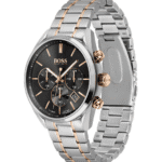 Vue de profil de la Montre Homme Hugo Boss Champion 1513819, montrant les poussoirs or rose et le bracelet bicolore.