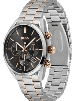 Vue de profil de la Montre Homme Hugo Boss Champion 1513819, montrant les poussoirs or rose et le bracelet bicolore.