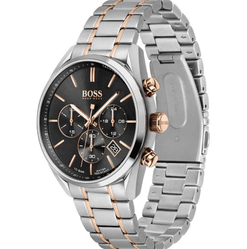 Vue de profil de la Montre Homme Hugo Boss Champion 1513819, montrant les poussoirs or rose et le bracelet bicolore.