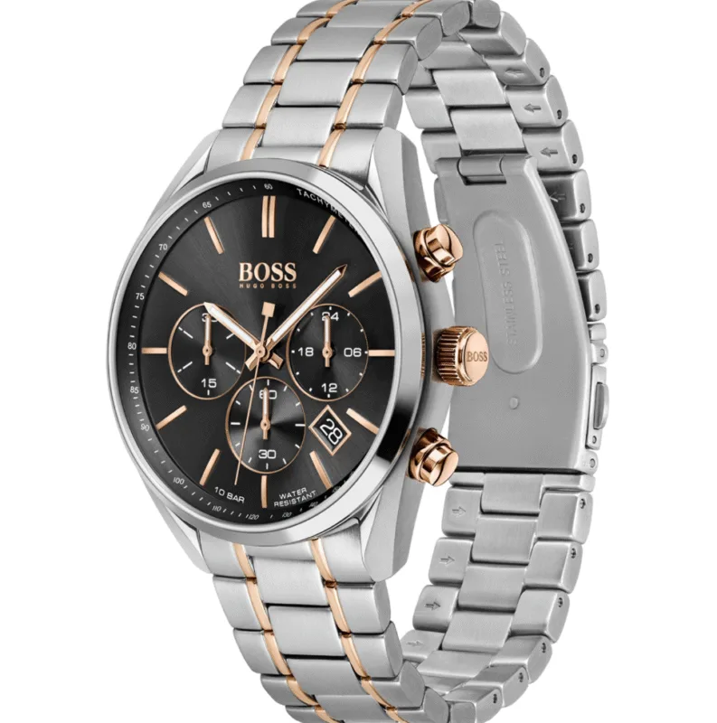 Vue de profil de la Montre Homme Hugo Boss Champion 1513819, montrant les poussoirs or rose et le bracelet bicolore.
