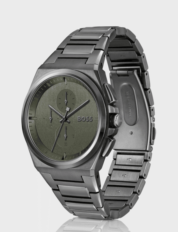 Vue de profil de la montre Hugo Boss Steer montrant le design intégré du bracelet gris.