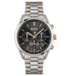 Montre Homme Hugo Boss Champion 1513819 bicolore argent et or rose, cadran noir 10 ATM pour homme au Maroc.