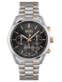 Montre Homme Hugo Boss Champion 1513819 bicolore argent et or rose, cadran noir 10 ATM pour homme au Maroc.
