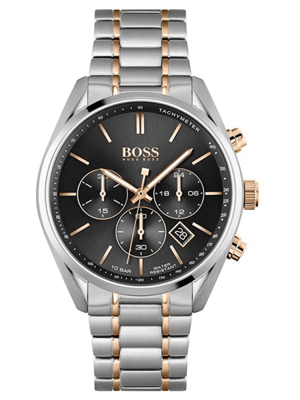 Montre Homme Hugo Boss Champion 1513819 bicolore argent et or rose, cadran noir 10 ATM pour homme au Maroc.