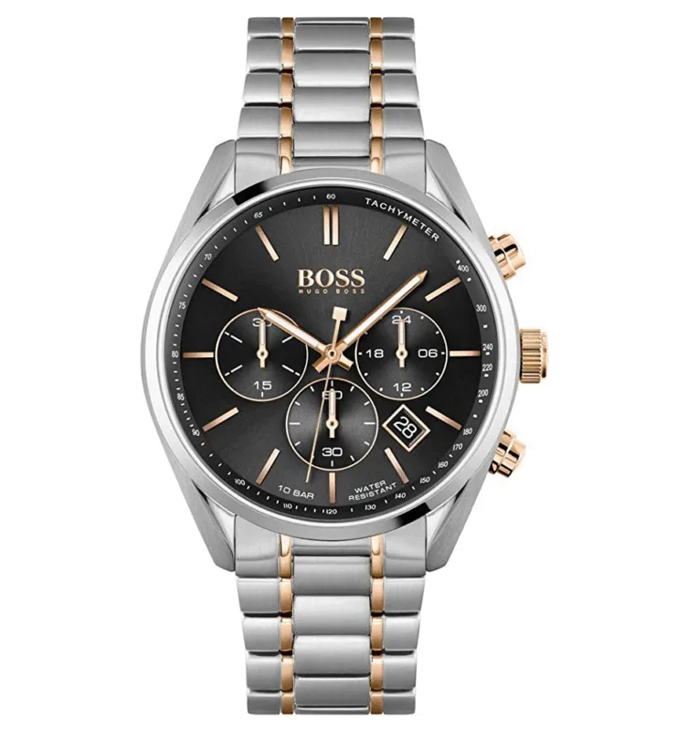 Montre Homme Hugo Boss Champion 1513819 bicolore argent et or rose, cadran noir 10 ATM pour homme au Maroc.