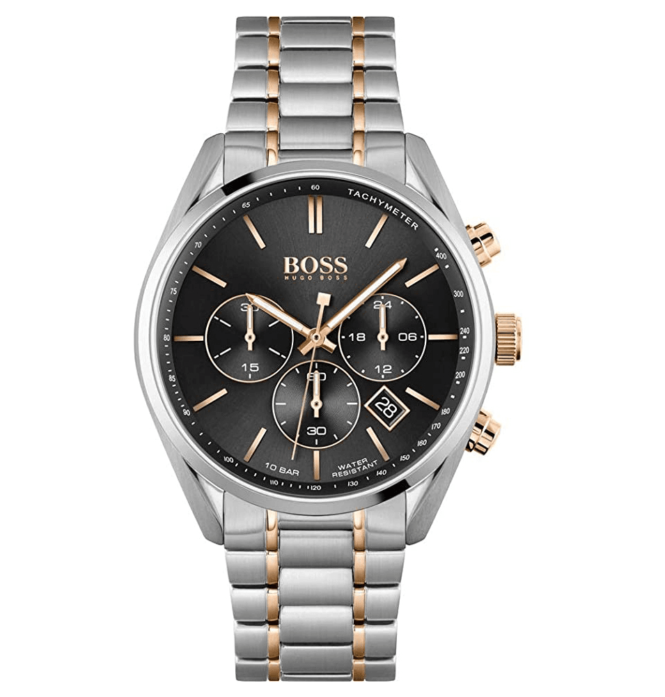 Montre Hugo Boss Champion 1513819 Bicolore Montre Homme Hugo Boss Champion 1513819 bicolore argent et or rose, cadran noir 10 ATM pour homme au Maroc.