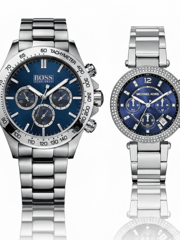 Idée cadeau couple glamour : Duo Hugo Boss Ikon noir et Michael Kors Parker bleu cristaux.