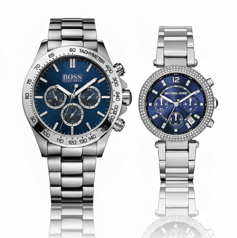 idee-cadeau-couple-glamour-boss-ikon-mk-parker-bleu-maroc Idée cadeau couple glamour : Duo Hugo Boss Ikon noir et Michael Kors Parker bleu cristaux.