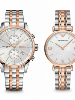 Idée cadeau couple luxe bicolore : Duo de montres Hugo Boss et Armani argent et or rose.