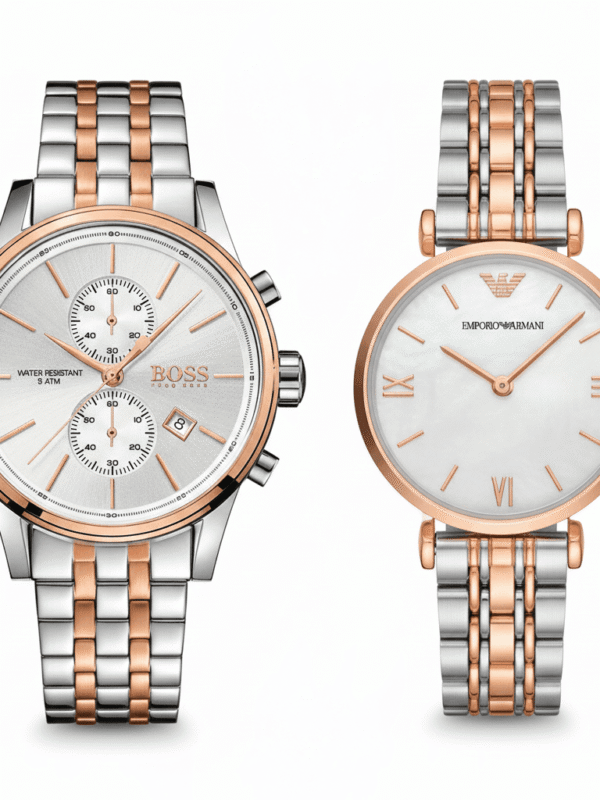 Idée cadeau couple luxe bicolore : Duo de montres Hugo Boss et Armani argent et or rose.