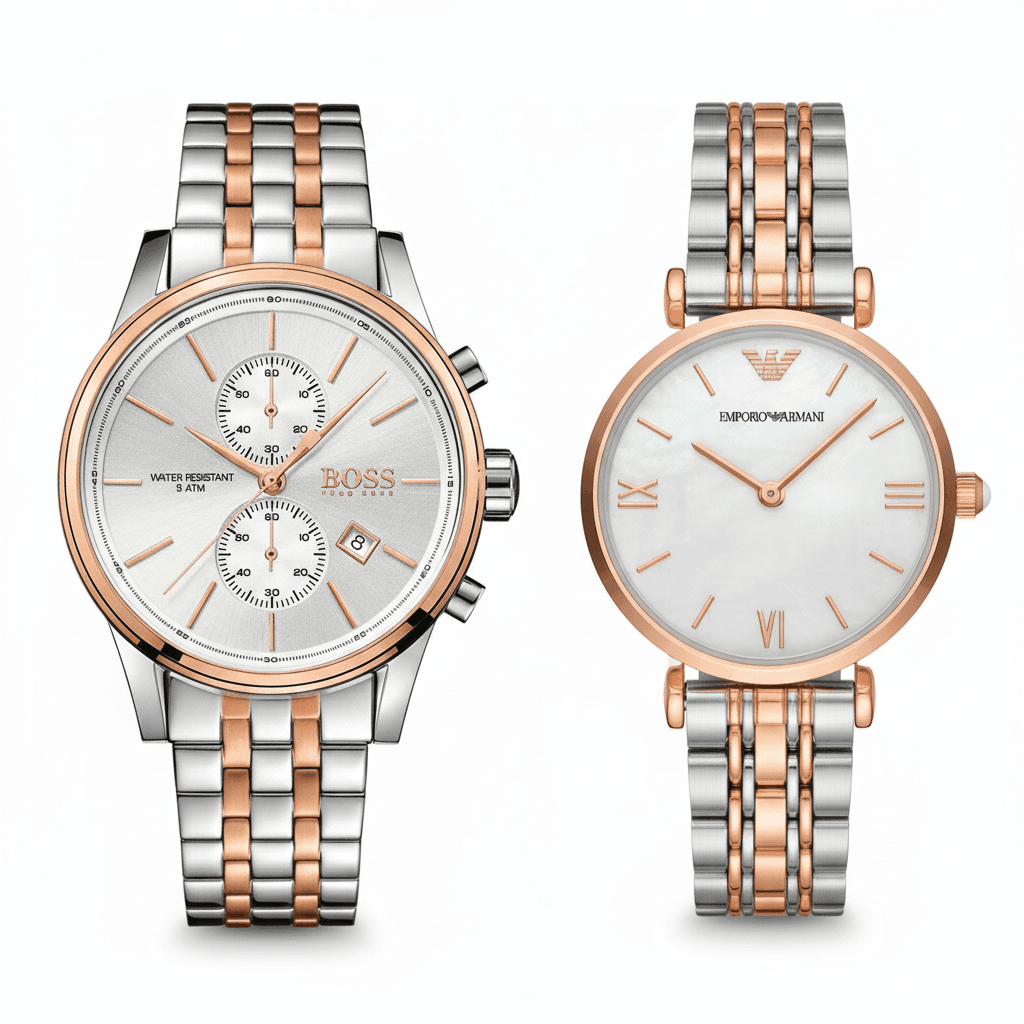 Coffret Couple Bicolore Prestige Idée cadeau couple luxe bicolore : Duo de montres Hugo Boss et Armani argent et or rose.