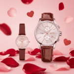 Idée cadeau couple Saint Valentin chic : Duo de montres Hugo Boss homme cuir et Emporio Armani femme nacre au Maroc.