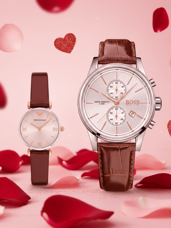 Idée cadeau couple Saint Valentin chic : Duo de montres Hugo Boss homme cuir et Emporio Armani femme nacre au Maroc.