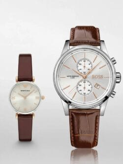 Idée cadeau couple Saint Valentin chic : Duo de montres Hugo Boss homme cuir et Emporio Armani femme nacre au Maroc.