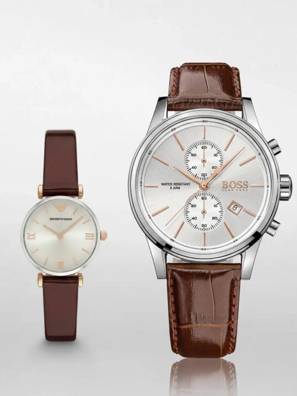 Idée cadeau couple Saint Valentin chic : Duo de montres Hugo Boss homme cuir et Emporio Armani femme nacre au Maroc.