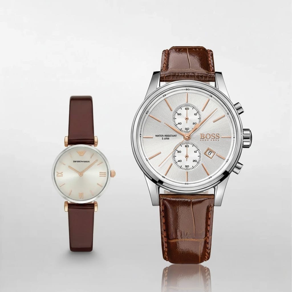 idee-cadeau-couple-saint-valentin-chic-hugo-boss-armani-maroc Idée cadeau couple Saint Valentin chic : Duo de montres Hugo Boss homme cuir et Emporio Armani femme nacre au Maroc.