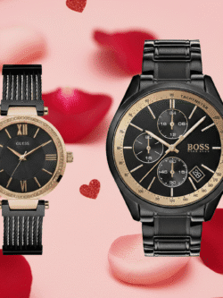 Meilleure idée cadeau Saint Valentin couple : coffret montres noir et or Hugo Boss et Guess.