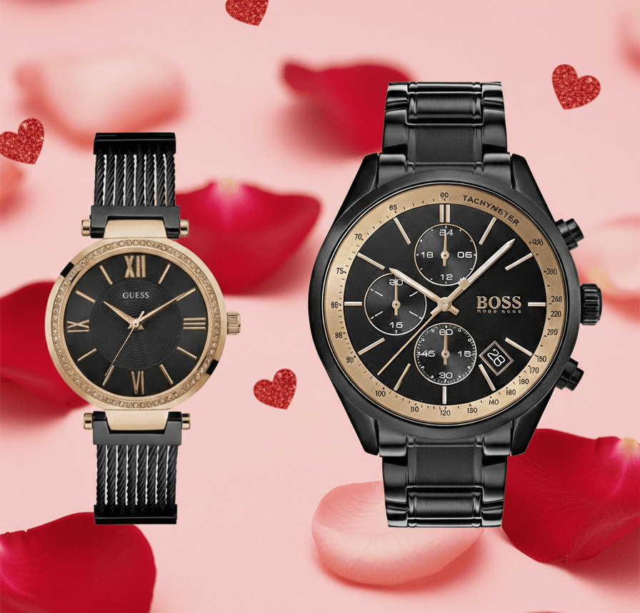 Idée Cadeau Saint Valentin Couple 2026 Meilleure idée cadeau Saint Valentin couple : coffret montres noir et or Hugo Boss et Guess.