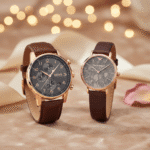 Idée cadeau Saint Valentin couple tendance : Duo montres Hugo Boss et Armani or rose et cuir marron.