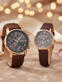 Idée cadeau Saint Valentin couple tendance : Duo montres Hugo Boss et Armani or rose et cuir marron.