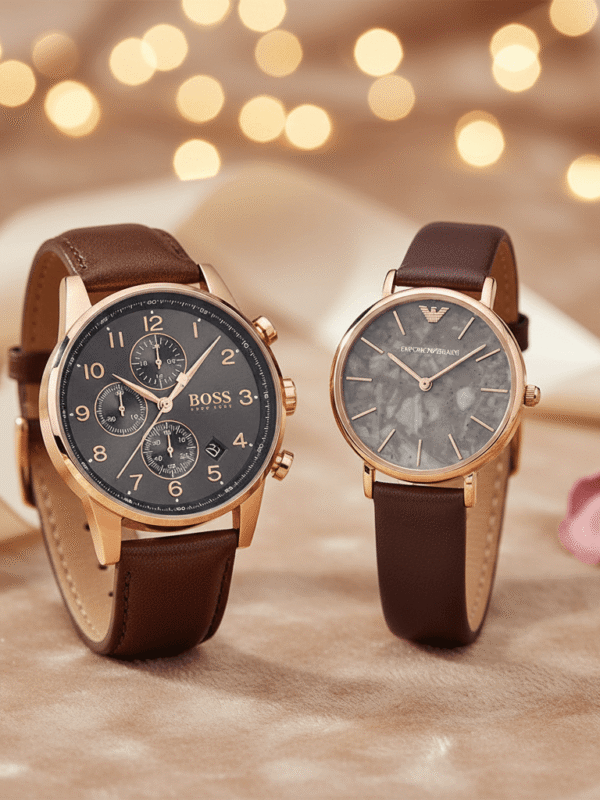 Idée cadeau Saint Valentin couple tendance : Duo montres Hugo Boss et Armani or rose et cuir marron.