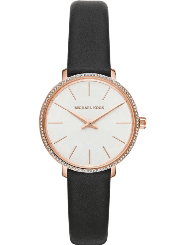 Montre Femme Michael Kors Pyper MK2835 boîtier 32mm or rose et bracelet cuir noir.