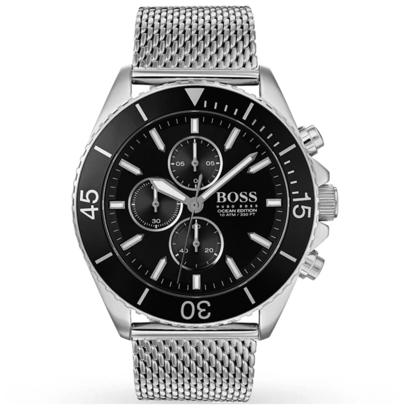 Montre Homme Hugo Boss 1513701 Ocean Edition cadran noir et bracelet maille milanaise.
