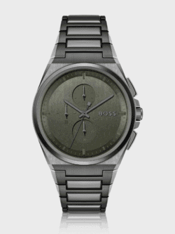 Montre Hugo Boss 1514045 Steer gris gunmetal avec cadran vert olive brossé.