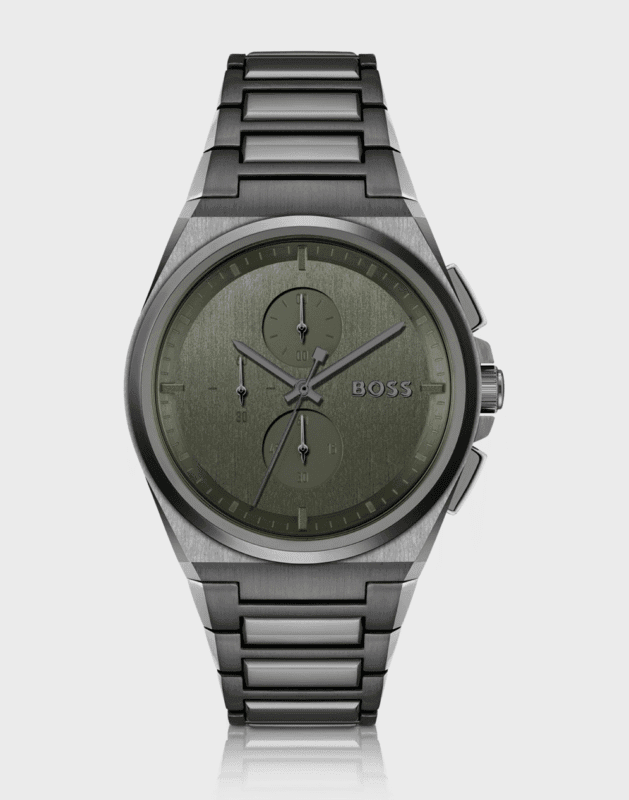 Montre Hugo Boss 1514045 Steer gris gunmetal avec cadran vert olive brossé.