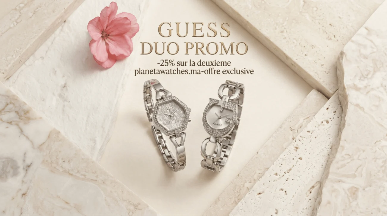 Cadeau Fête des Mères montre argentée Guess duo élégant serti de cristaux pour femme au Maroc.