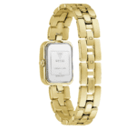 Détail du bracelet en acier doré avec maillons G et dos du boîtier de la GUESS GW0865L2.