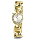 Vue détaillée du bracelet style chaîne doré et du cadran asymétrique de la GUESS GW0683L2.