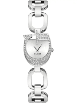 Montre femme GUESS GW0683L1 argentée avec boîtier unique en forme de G et cristaux