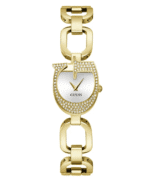 Montre femme GUESS GW0683L2 dorée avec boîtier unique en forme de G et cristaux.