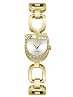 Montre femme GUESS GW0683L2 dorée avec boîtier unique en forme de G et cristaux.