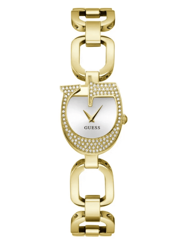 Montre femme GUESS GW0683L2 dorée avec boîtier unique en forme de G et cristaux.
