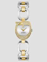 Montre femme GUESS GW0683L6 bicolore or et argent avec boîtier en forme de G et cristaux.