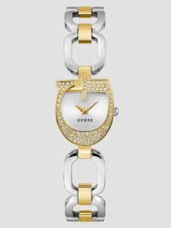 Montre femme GUESS GW0683L6 bicolore or et argent avec boîtier en forme de G et cristaux.